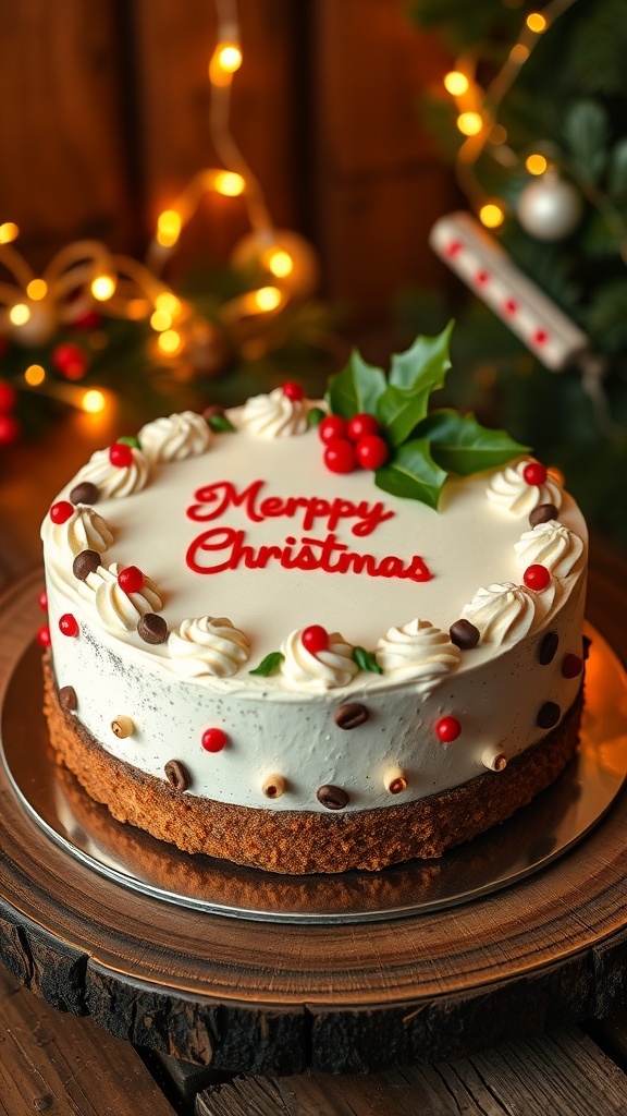 An elegant 8-inch round Christmas cake decorated with icing, holly, and berries on a wooden table with festive lights.